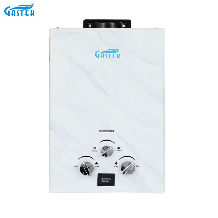 Calentador de agua instantáneo a gas LPG para ducha tipo chimenea instalado en el baño